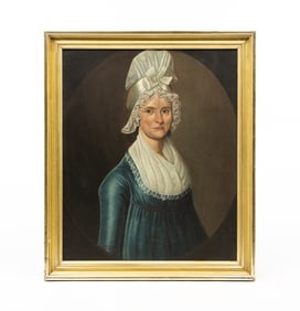 WILLIAM JENNYS (AMERICAN, 1774-1859) FOLK ART "PORTRAIT OF A LADY WEARING A WHITE HEADDRESS" OIL ON