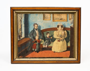 AMERICAN SCHOOL FOLK ART WATERCOLOR OF FAMILY PORTRAIT.