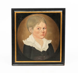 ATTRIBUTED TO WILLIAM JENNYS (AMERICAN, 1774-1859) FOLK ART OIL ON CANVAS PORTRAIT OF A YOUNG BOY