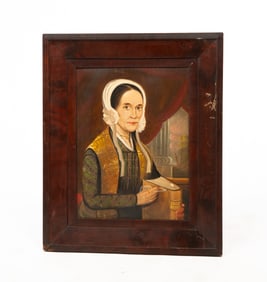 ATTRIBUTED TO WILLIAM MATTHEW PRIOR (AMERICAN, 1806-1873) FOLK ART OIL ON PAPERBOARD PORTRAIT OF A