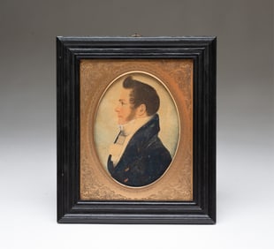 RUFUS PORTER (1792-1884) FINE MINIATURE WATERCOLOR PORTRAIT OF A YOUNG NEW ENGLAND GENTLEMAN.