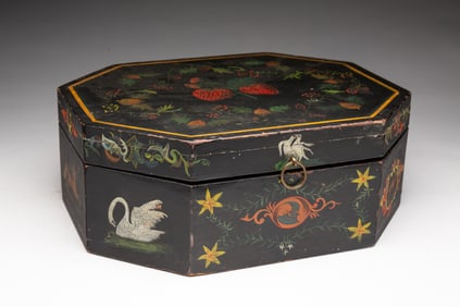 EXUBERANT AMERICAN EBONIZED AND PAINT-DECORATED SEWING BOX.
