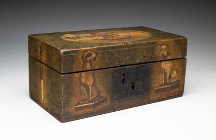 NEW ENGLAND FOLK ART PAINT-DECORATED PINE BOX DEPICTING CHILDREN'S TOYS.