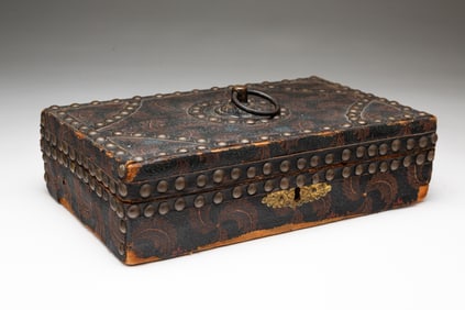 AMERICAN PAINT-DECORATED OIL CLOTH-COVERED PINE BOX.