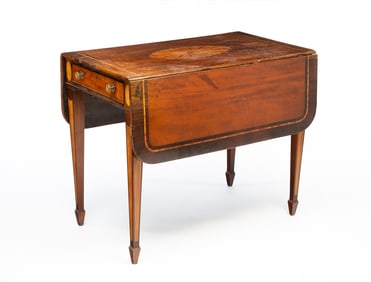 GEORGE III MAHOGANY, MARQUETRY, AND ROSEWOOD-CROSSBANDED PEMBROKE TABLE.