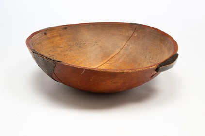 LARGE AMERICAN BITTERSWEET-PAINTED TURNED WOOD DOUGH BOWL WITH MAKE-DO REPAIR.