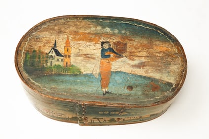 EUROPEAN PAINT-DECORATED BENTWOOD BRIDE'S BOX WITH A LUTE PLAYER AND VILLAGE SCENES.