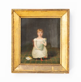 CHARMING AMERICAN SCHOOL FOLK ART OIL ON TIN PORTRAIT OF CATHERINE ELLCOTT WITH DOLL, AGE 2 1/2.