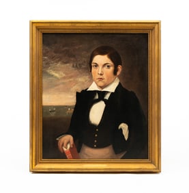 AMERICAN SCHOOL FOLK ART OIL ON CANVAS NAUTICAL PORTRAIT OF A BOY WITH BOOK AND SEASCAPE WITH SHIPS,