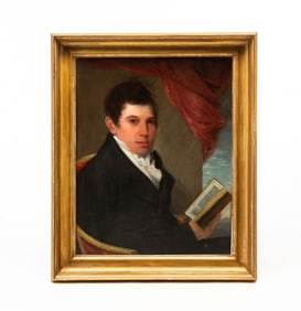 SCHOOL OF GILBERT STUART (AMERICAN, 1755-1828) OIL ON PANEL PORTRAIT OF JONATHAN BASS HOLDING A