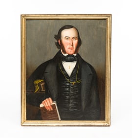 AMERICAN FOLK ART OIL ON CANVAS PORTRAIT OF A MAN WITH A BOOK SEATED IN A BALTIMORE FANCY CHAIR.