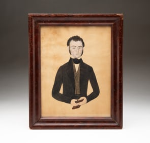 AMERICAN FOLKSY WATERCOLOR PORTRAIT OF A YOUNG MAN HOLDING A BOOK.