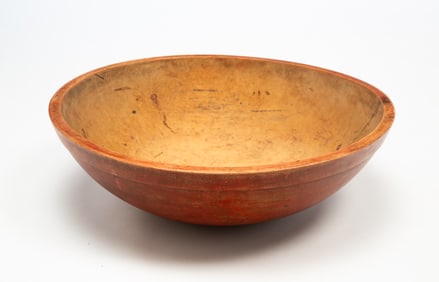AMERICAN RED-ORANGE PAINTED TURNED WOOD BOWL.