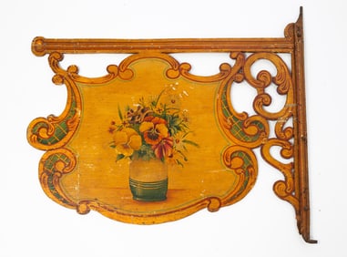 FOLK ART PAINT-DECORATED WOOD DOUBLE-SIDED FLORIST TRADE SIGN.
