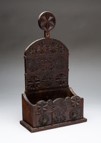 FOLKSY CHIP CARVED HANGING WALL BOX WITH DRAWERS AND LOLLIPOP HANGER.