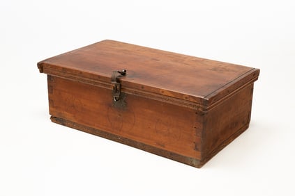 AMERICAN IRON-MOUNTED BUTTERNUT BIBLE BOX WITH PINWHEELS.