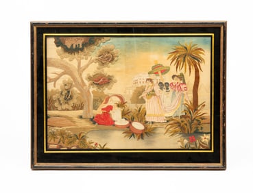 AMERICAN SCHOOL PICTORIAL NEEDLEWORK EMBROIDERY OF "MOSES IN THE BULRUSHES".