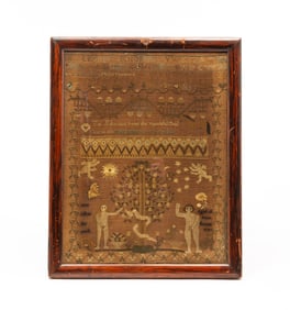 ENGLISH ADAM AND EVE NEEDLEWORK SAMPLER WITH CAT.