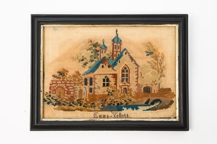 EMMA YELLOTT (ENGLISH, 19TH CENTURY) NEEDLEWORK PANEL OF CHURCH.