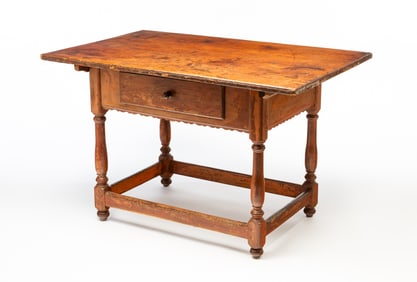 WONDERFUL PENNSYLVANIA PIN-TOP WORK TABLE WITH PUMPKIN PAINT AND SCRUBBED TOP.