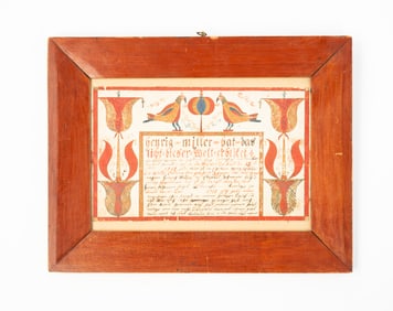 NORTHUMBERLAND COUNTY, PENNSYLVANIA INK AND WATERCOLOR BIRTH FRAKTUR FOR HENRIG MILLER, DATED 1811.