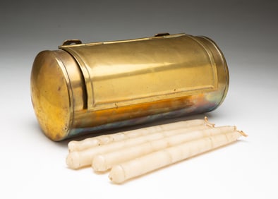 ENGLISH BRASS CYLINDER HANGING CANDLE BOX.