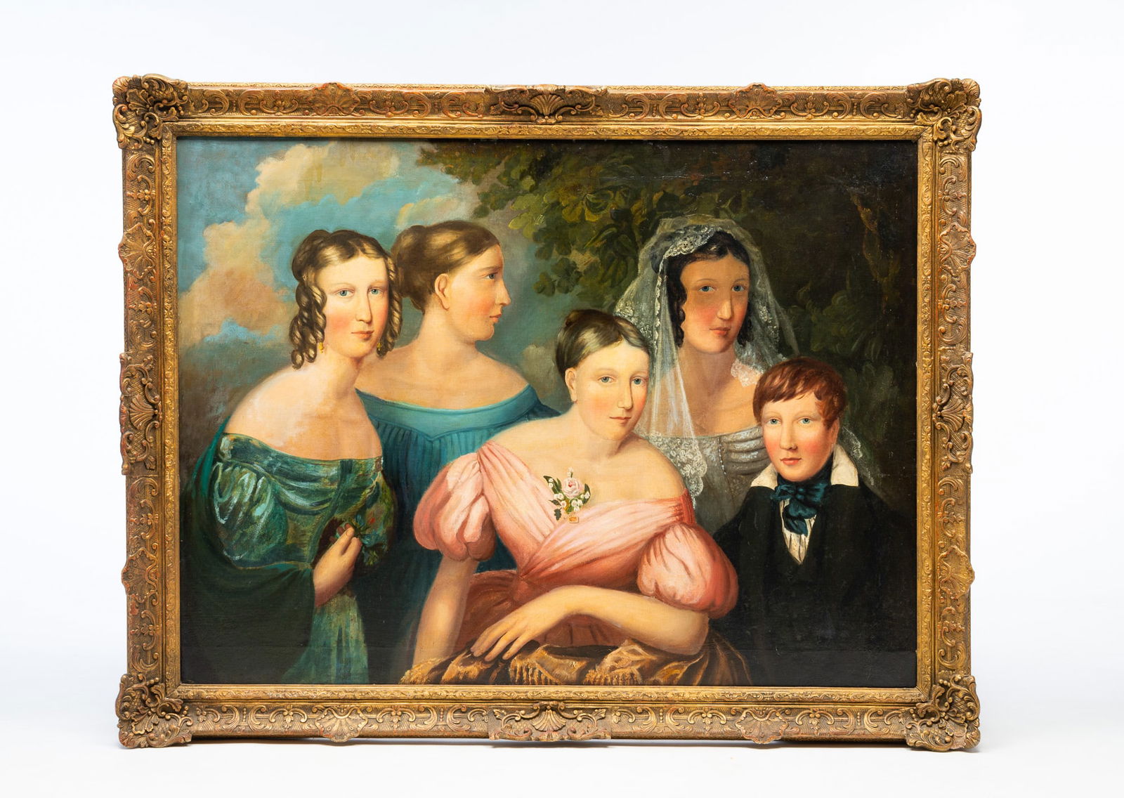 LARGE AMERICAN SCHOOL FAMILY WEDDING PORTRAIT OIL ON CANVAS . (1 of 7)