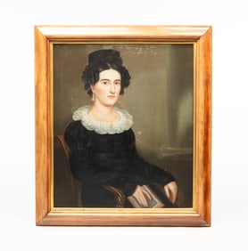 AMERICAN SCHOOL PORTRAIT OF A LADY OIL ON CANVAS.