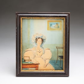 AMERICAN FOLK ART WATERCOLOR PORTRAIT OF A SEATED LADY.