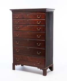 NEW ENGLAND CHIPPENDALE FLAME BIRCH SEVEN-DRAWER TALL CHEST.