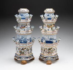 PAIR OF DELFT POLYCHROME DECORATED TULIPIERE OR TULIP VASES.
