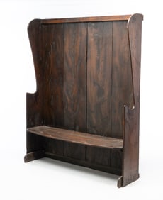 ENGLISH OAK HIGH-BACK FIRESIDE BENCH.