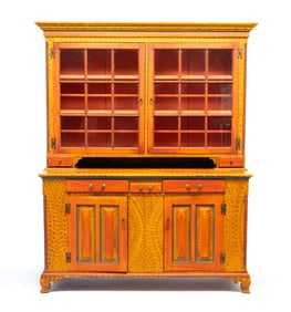 AMERICAN CHIPPENDALE STEP-BACK CUPBOARD WITH CONTEMPORARY PAINT DECORATION.