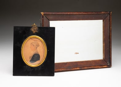 AMERICAN SCHOOL MINIATURE WATERCOLOR AND GOUACHE PORTRAIT OF A WOMAN AND AN OLD MIRROR.