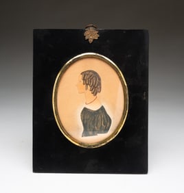 AMERICAN SCHOOL MINIATURE WATERCOLOR, GOUACHE, AND GRAPHITE PORTRAIT OF A YOUNG WOMAN.