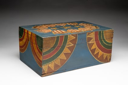 AMERICAN PAINT-DECORATED PINE PATRIOTIC BOX WITH FEDERAL SHIELDS AND FIVE-POINT STARS.