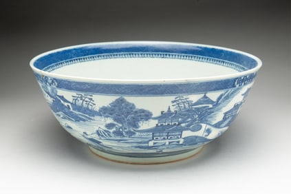 LARGE BLUE AND WHITE CANTON PORCELAIN PUNCH BOWL.