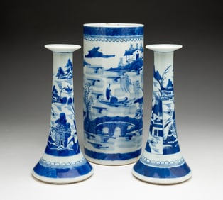 PAIR OF BLUE AND WHITE CANTON PORCELAIN CANDLESTICKS AND A CYLINDER VASE.