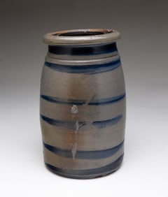 AMERICAN STONEWARE CANNING JAR WITH COBALT STRIPES.