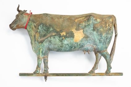 FULL BODIED GILT AND VERDIGRIS COPPER COW WEATHERVANE.