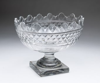 ANGLO-IRISH CUT GLASS OVAL BOWL ON PEDESTAL.