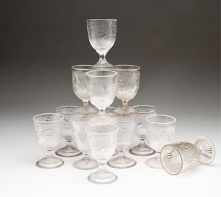 THIRTEEN BOSTON AND SANDWICH GLASS COMPANY "BELLFLOWER" EGG CUPS.