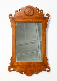 AMERICAN TIGER MAPLE CHIPPENDALE SCROLL CUT MIRROR.