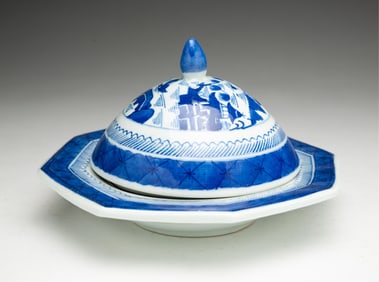 BLUE AND WHITE CANTON PORCELAIN THREE PIECE BUTTER DISH.