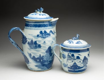TWO BLUE AND WHITE CANTON PORCELAIN CIDER MUGS.