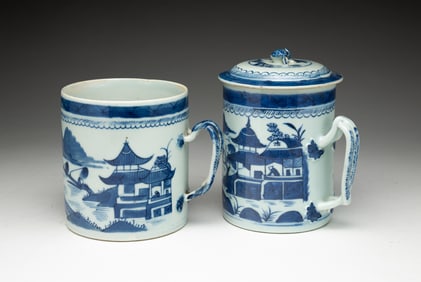 TWO LARGE BLUE AND WHITE CANTON PORCELAIN MUGS.