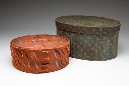 TWO DECORATED LIDDED BOXES.
