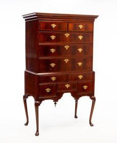 IMPORTANT NEW ENGLAND QUEEN ANNE TIGER MAPLE AND FLAME MAHOGANY HIGH CHEST WITH MAP DRAWER.