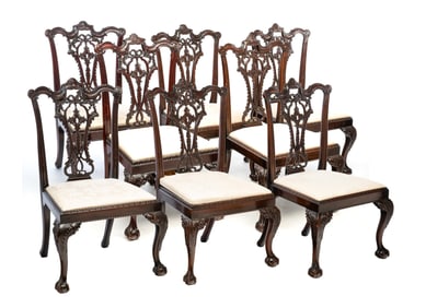 SET OF EIGHT FINELY CARVED AMERICAN CENTENNIAL CHIPPENDALE MAHOGANY DINING CHAIRS.