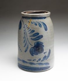 SOUTHWESTERN PENNSYLVANIA COBALT-STENCILED STONEWARE ONE-GALLON CANNING JAR.